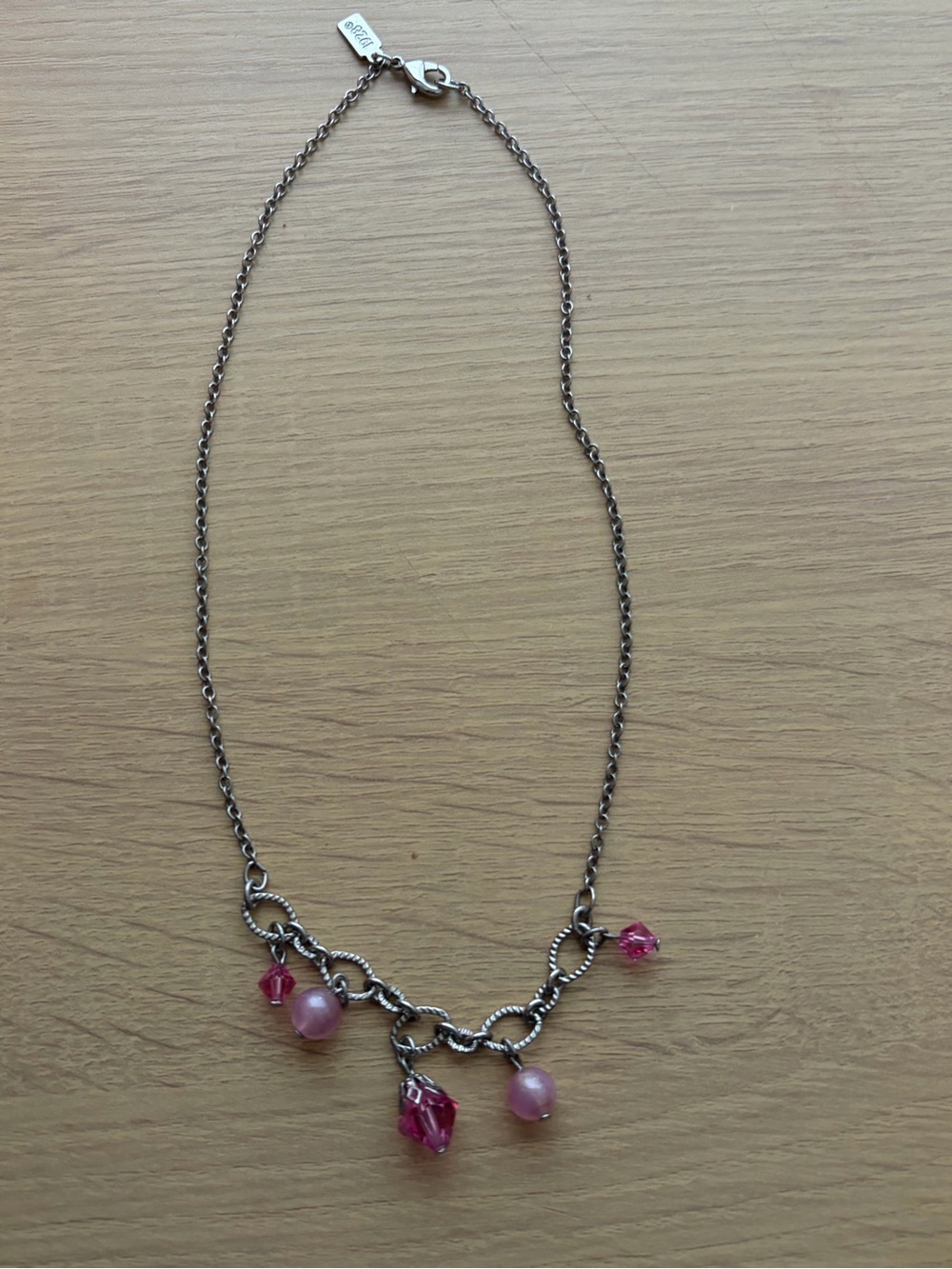 1928 Silver-Tone Necklace with Pink Bead Charms